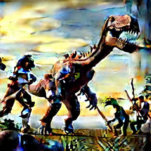 Image similar to A large dinosaur! fighting with several realistic detailed cavemen with proportioned bodies, next to the dinosaur are cavemen, the cavemen are armed with spears, the caveman are in a fighting stance, the cavemen are wearing animal furs, one caveman is stabbing the dinosaur with his spear, one caveman is cowering in fear, coarse canvas, visible brushstrokes, intricate, extremely detailed painting by William Turner (and by Greg Rutkowski)