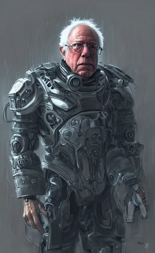 Prompt: Portrait of Bernie Sanders wearing futuristic power armor, fantasy, intricate, highly detailed, digital painting, trending on artstation, sharp focus, illustration, style of Stanley Artgerm