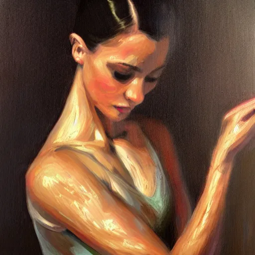 Image similar to portrait of a ballerina, very thick and wet oil paint, 8 k, cinematic light, shadows, reflection highlights in the paint, in the style of joseph lee,