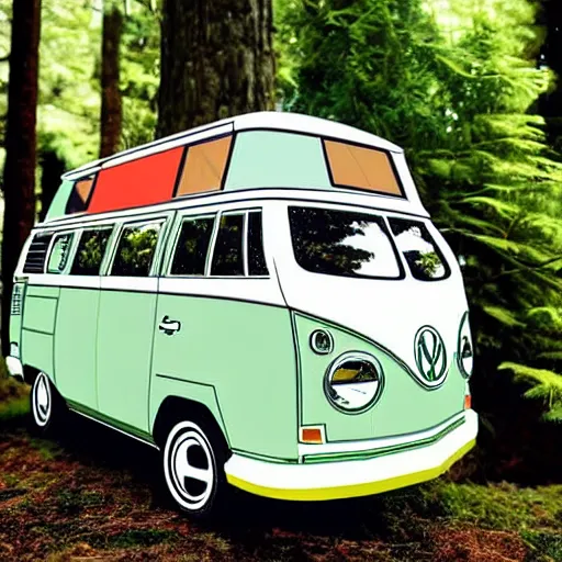 Prompt: a 1 9 8 0 s volkswagon camper van in a forest of towering evergreen trees, in the style of studio ghibli