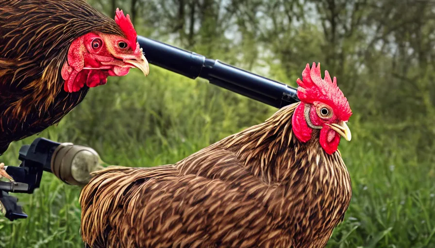 Prompt: a Chicken with a shotgun ,trail camera, 4k photography award winning,