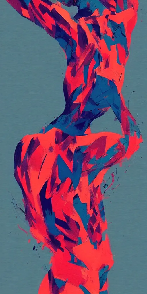 Image similar to abstract flowing brush strokes, stylized, torso of one!!! athletic man posing dramatically with no face in the center of the frame, by conrad roset, dark background, painting trending on artstation