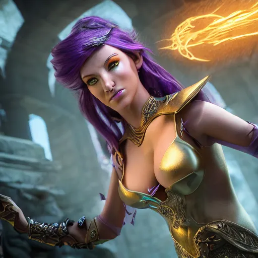 Image similar to 8k unreal engine render of a half-elf sorceress with purple hair from dungeons and dragons, beautiful, symmetrical face, a fireball spell forms in her hands, in a crowded ancient persian city, insanely detailed, depth of field unreal engine ultra-wide angle lens, volumetric lighting, vivid color
