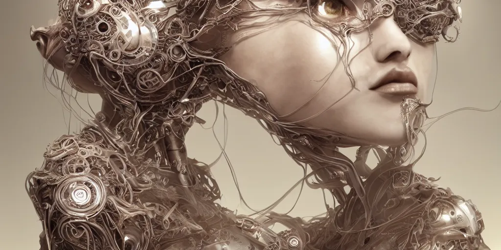 Prompt: photorealistic gorgeous symmetrical female cyborg, fanning tendrils, ribbon highly detailed, intricate, exuberant filigree, in the style of beth cavener, jin kagetsu, wlop, masterpiece, concept art, high key lighting, ambient lighting, octane render, 8 k, artstation