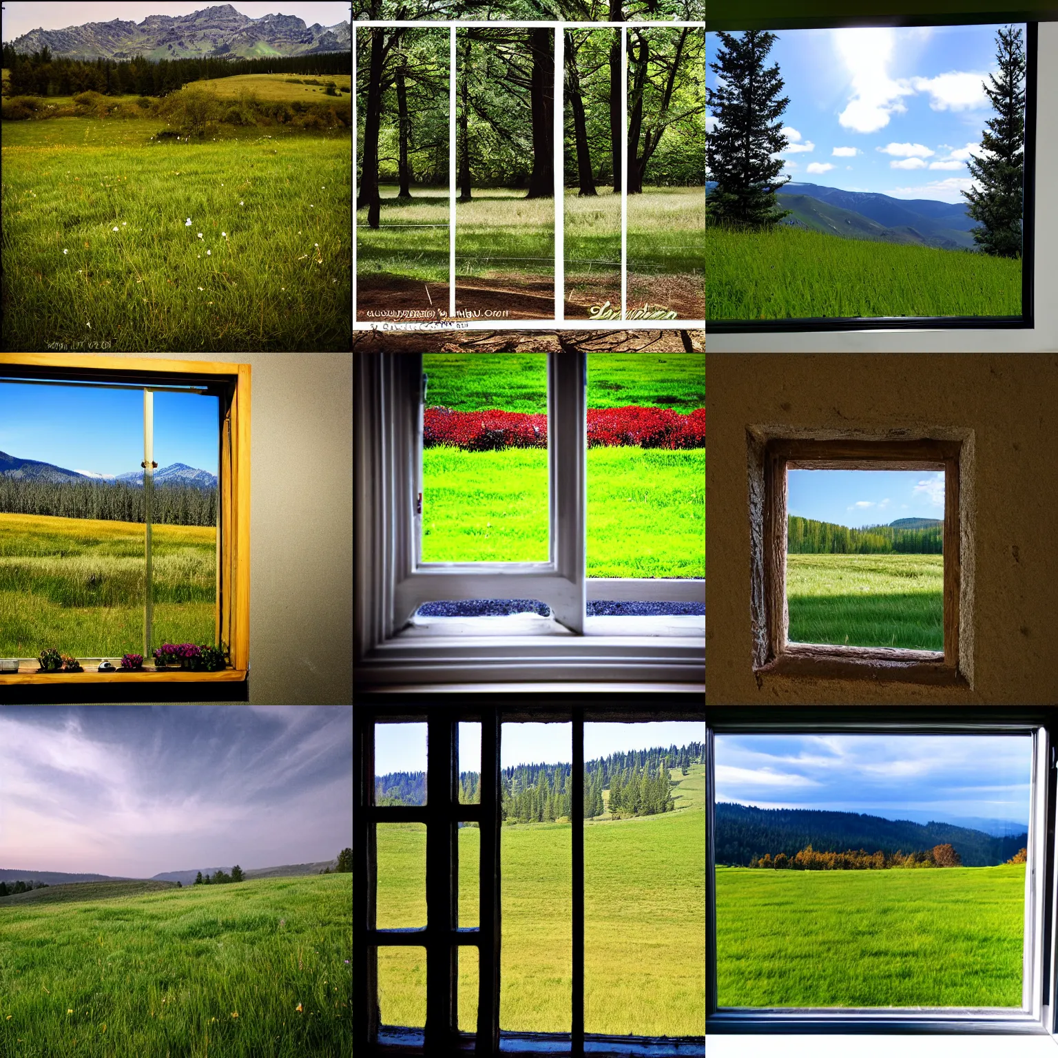 Prompt: <photograph accurate=true quality=very-high>looking out the window at a serene meadow</photograph>