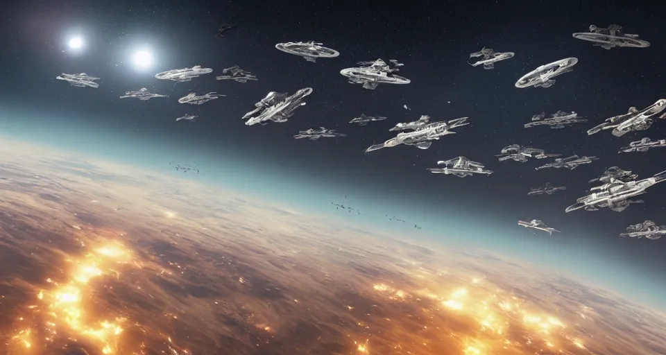 Prompt: an ugly photograph of massive elegant passenger spaceships in formation migrating in outer space away from a dry brown planet, dutch angle from space view, concept art, high detail, intimidating, epic scale ultrawide angle, stunning, epic, great migration, cinematic, Artstation trending, octane render, hyperrealistic, Cryengine 8k UHD