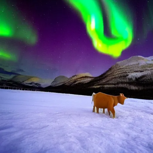 Image similar to a calf born in winter, cozy, stars in the sky, aurora borealis