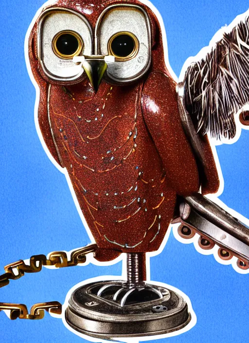 Image similar to colored pencil and pen drawing of an animatronic robot owl, bird made from rusty old keys and padlocks, space background, 8 k photorender realityengine