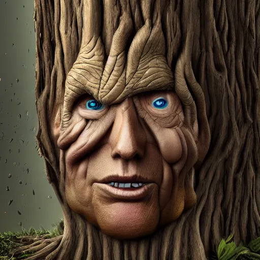 Image similar to donald trump is fused into a tree stump, hyperdetailed, artstation, cgsociety, 8 k