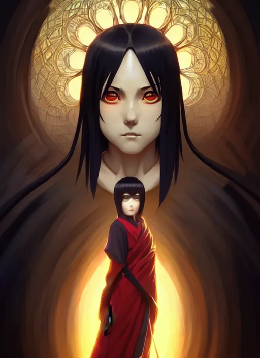 Image similar to symmetry!! itachi, glowing lights!! intricate, elegant, highly detailed, digital painting, artstation, concept art, smooth, sharp focus, illustration, art by artgerm and greg rutkowski and alphonse mucha