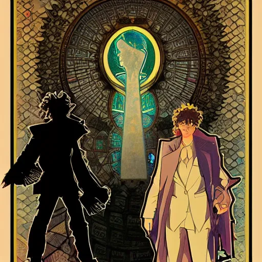 Prompt: concept art, silhouette of Spike Spiegel in front of Ganymede in the style of Alphonse Mucha and Hiroya Oku, very detailed, trending on artstation,