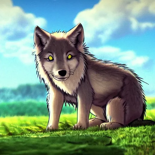 Prompt: wolf pup looking at puffy clouds cinematic by hayao miyazaki