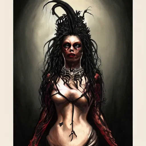 Image similar to Dark Fantasy Painting of a voodoo witch with a sinister evil look on her face, black widow spiders in her hair, creepy, unsettling, horror, upper body, wearing a dark dress, intricate, wild, highly detailed, digital painting, artstation, concept art, smooth, sharp focus, illustration, art by artgerm and greg rutkowski and alphonse mucha