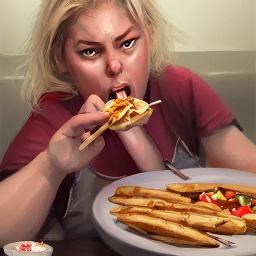 Image similar to portrait of a blonde chubby woman eating kebab, light stubble with red shirt ,digital art,photorealistoc,art by greg rutkowski,hyperdetailed,western comic style,comic,comic style,sharp lineart,professional lighting,deviantart,artstation,trevor henderson,rossdtaws,cinematic,dramatic