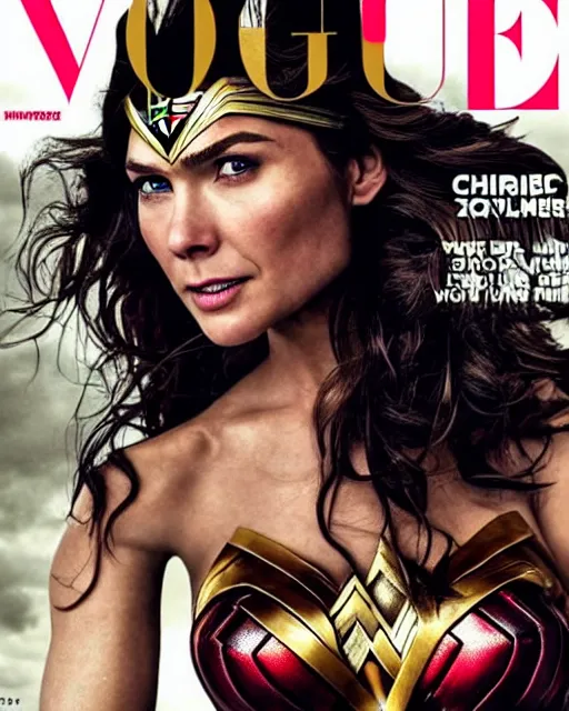 Prompt: Chris Hemsworth as Wonder Woman, Vogue cover photo, realistic face, detailed face, highly detailed, professional photo