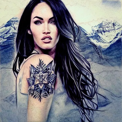 Prompt: realistic tattoo sketch of megan fox face double exposure art with beautiful mountain scenery, in the style of matteo pasqualin, amazing detail, sharp, faded