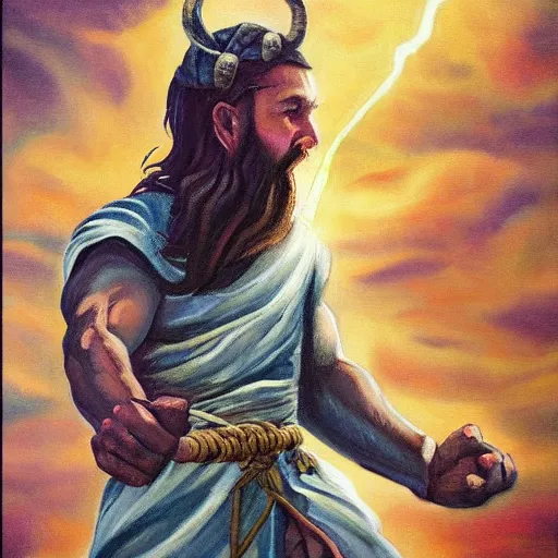 Prompt: a beautiful painting of a viking God with fist held high being struck by lightening. This lightening gives him strength and makes his aura glow, 8k, rich pastel color palette, masterpiece, 4k post