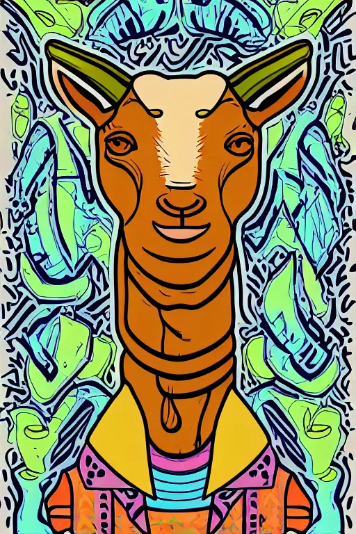 Image similar to Portrait of a goat that is a drug dealer, sticker, andromorphic, colorful, illustration, highly detailed, simple, smooth and clean vector curves, no jagged lines, vector art, smooth