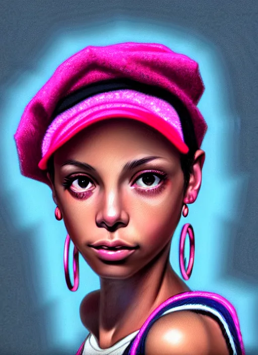 Image similar to portrait of teenage vanessa morgan with bright pink hair, black girl, vanessa morgan, curly pixie cut hair, wearing newsboy cap, newsboy cap, hoop earrings, intricate, elegant, glowing lights, highly detailed, digital painting, artstation, concept art, smooth, sharp focus, illustration, art by wlop, mars ravelo and greg rutkowski