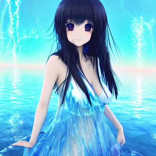 Image similar to a very beautiful anime girl wearing a dress made of water standing in a crystal lake , full body, long black hair, azure blue watery eyes, full round face, seductive stare, cinematic lightning, medium shot, mid-shot, highly detailed, trending on artstation, Unreal Engine 4k, Stanley Artgerm Lau, WLOP, Rossdraws, James Jean, Andrei Riabovitchev, Marc Simonetti, and Sakimichan