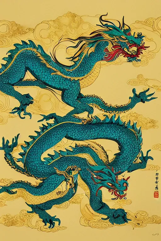 Prompt: chinese zodiac dragon, by james jean, eyvind earle, china gold clocor scheme