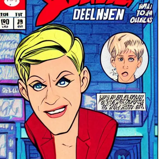 Image similar to comic book cover from 1998, super villain Ellen DeGeneres