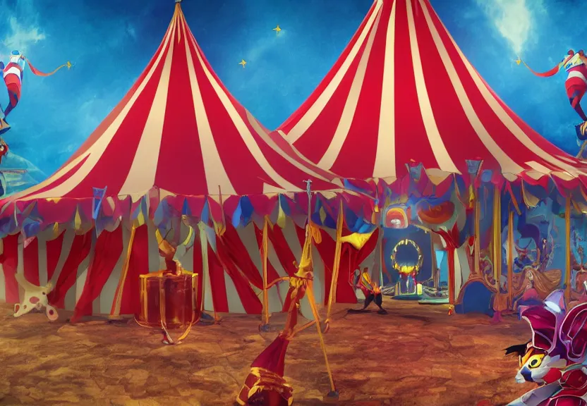 Prompt: a circus tent in an evil carnival in the style of league of legends