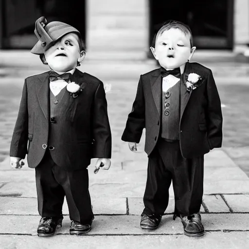 Image similar to two deformed weirdo brothers dressed for a wedding. Photograph.