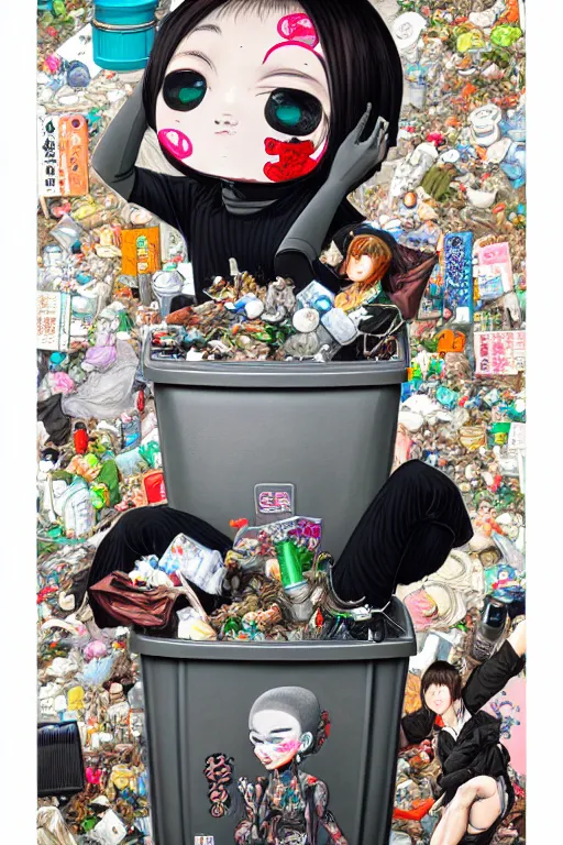 Image similar to full view, from a distance, of anthropomorphic trashcan from tokyo, full of trash, style of yoshii chie and hikari shimoda and martine johanna, highly detailed