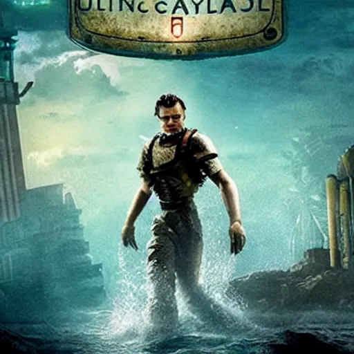 Image similar to movie poster depicting andrew ryan, portrayed by leonardo dicaprio, in a new live - action bioshock movie, the underwater city of rapture is also present