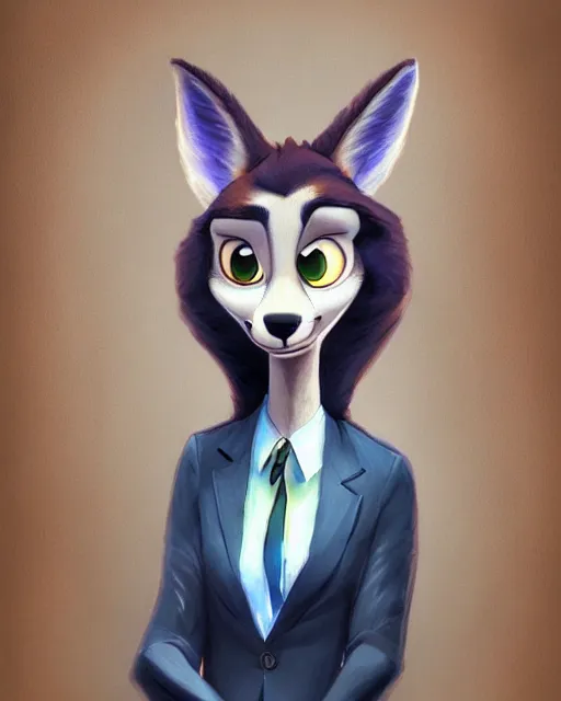 Prompt: oil painting of anthromorphic female wolf, in style of zootopia, zootopia, zootopia, fursona, furry, furaffinity, 4 k, deviantart, furry art, fursona art, wearing black business suit, business suit, in style of zootopia, wolf fursona, cyberpunk, female, expressive detailed feminine face,