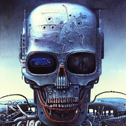 Prompt: terminator robot highly detailed beksinski and hr giger art style painting