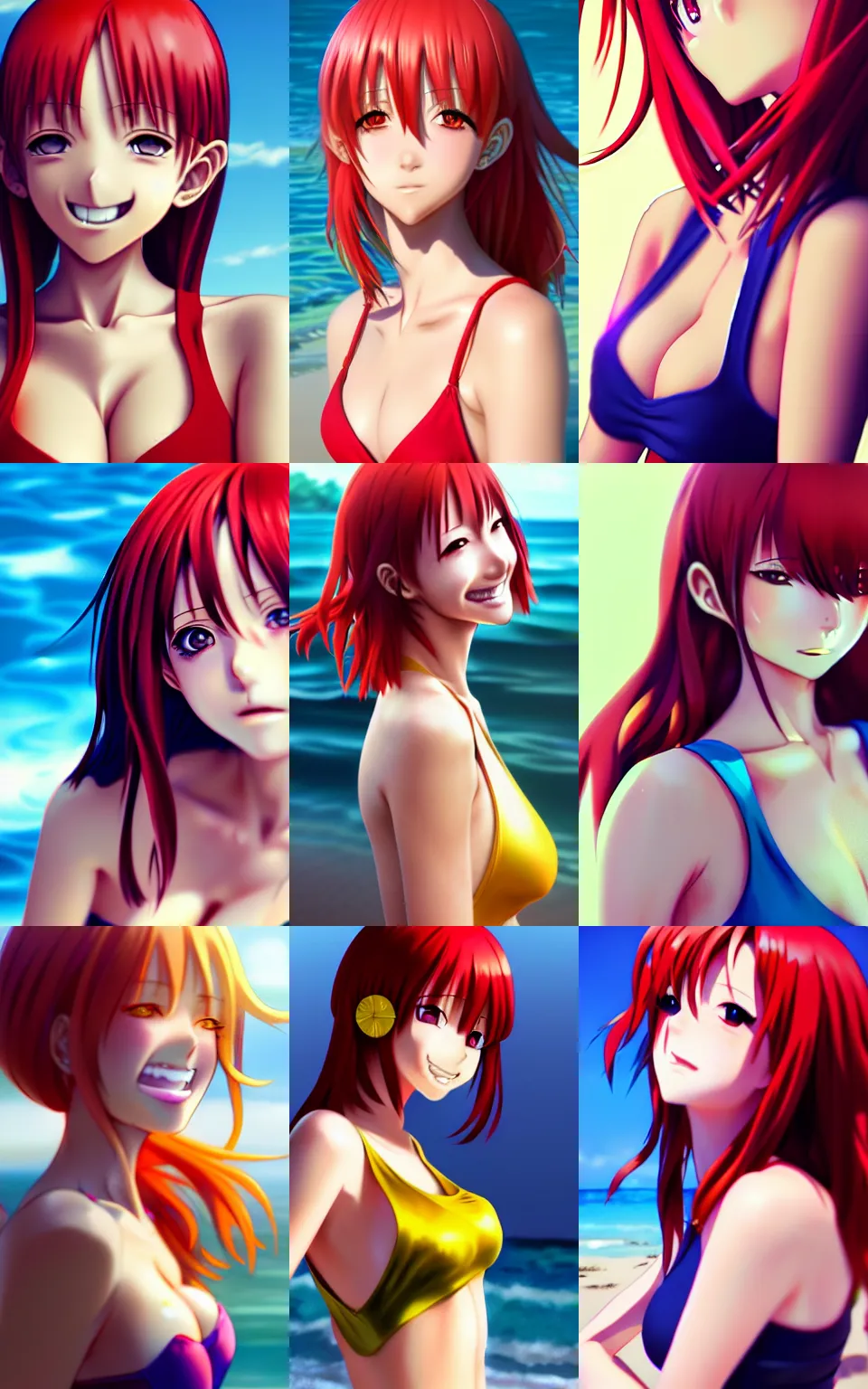 Prompt: beautiful anime girl, medium shot, bare shoulders, one piece closed swimsuit, long red hair, cute smile, realistic anime face, artstation, fine details, kyoani, high resolution, 4k, digital painting by WLOP, octane render, photorealistic, composition, ultra realistic