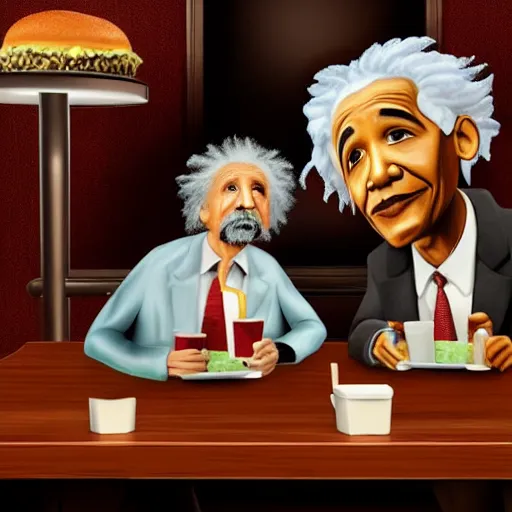 Image similar to Einstein and Obama taking a shit on table at McDonalds, ultra detailed, photorealistic, dramatic lighting