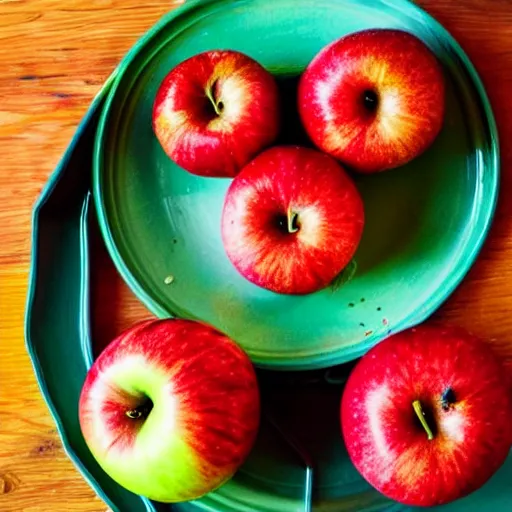 Image similar to a wide angle realistic photo of three apples on a colorful plate, award winning