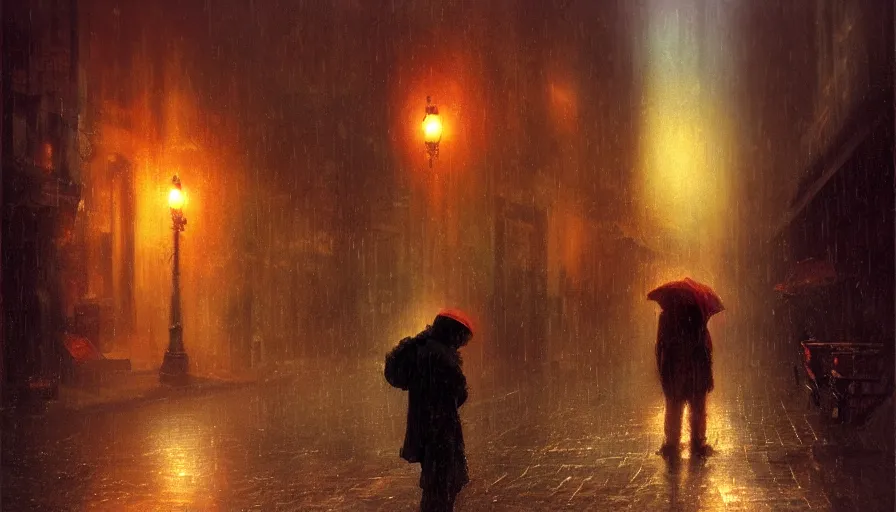 Image similar to Homeless man with divine glowing eyes begging for money in a raining dark city alley by Marc Simonetti and Delphin Enjolras