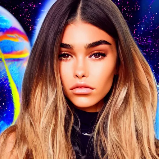 Image similar to madison beer a an intergalactic popstar dancing on a planet, render, blender render, unity render, 4 k wallpaper, art station trending, artstation 4 k coherent, coherent, 4 k, detailed, hyperdetailed, artifact - free, completely coherent, sharp, madison beer