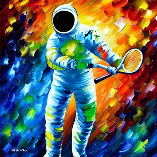 Prompt: painting of an astronaut playing tennis in a scenic cosmic environment by leonid afremov, astronaut suit, astronaut, green tennis ball