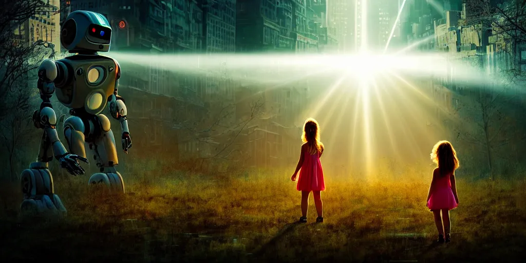 Prompt: sci - fi scene future new york city, little girl by herself in abandoned manhattan holding onto the outstretched hand of a giant robot, forest punk, little girl meets robot, crepuscular rays, epic scene, hyper realistic, photo realistic, overgrowth, cinematic atmosphere, ethereal lighting,