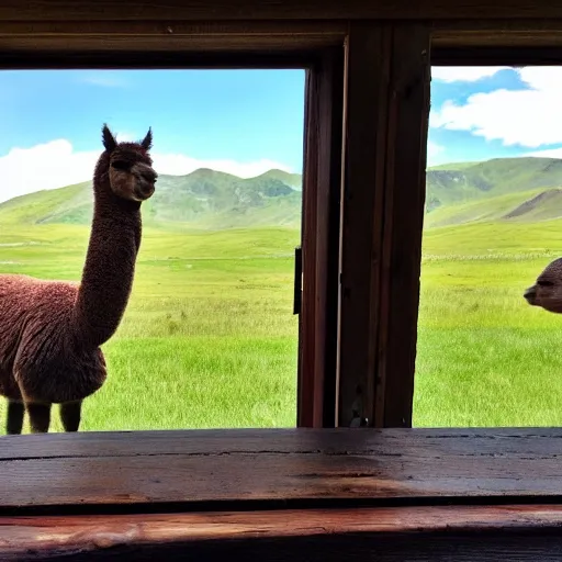 Prompt: <photograph accurate=true quality=very-high>looking out the window at a serene meadow</photograph><object>flowers</object><photobomb>alpaca</photobomb>