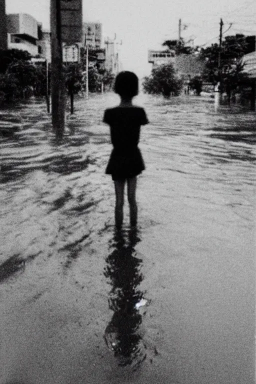 Image similar to photo polaroid of sad and lonely child in the middle of a completely flooded street in bangkok, loneliness, black and white ,photorealistic, 35mm film,