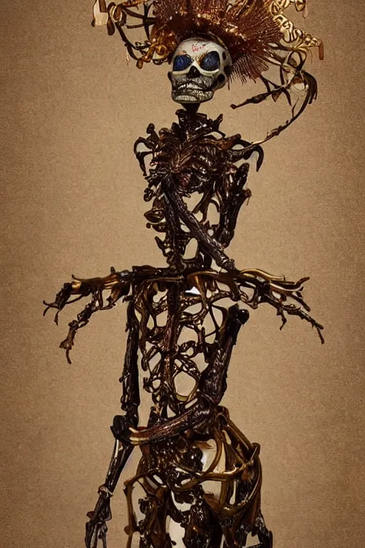 Image similar to a cinematic view of a ornated intricate princess skelleton statue made by hedi xandt, realistic, macabre art, stained wrapped skin, using gold ornaments of insect parts detailed image