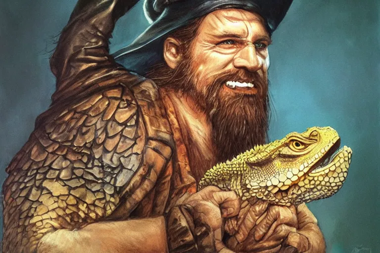 Image similar to 1979 Portrait of a wizard with the head of a bearded dragon fantasy style by Chris Rahn. Trending on r/characterdrawing