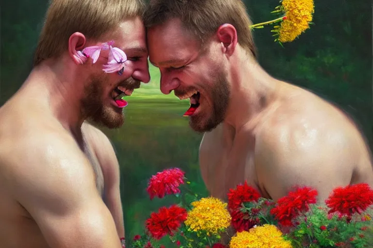 Image similar to ( ( a beautiful 8 k photorealistic masterpiece oil painting ) ( of ( two finnish men wrestling with flowers in their mouths and a big smile on their faces ) ( finnish scenery ) ) ( hyperrealism ) ( 1 6 k ) ( trending on artstation )