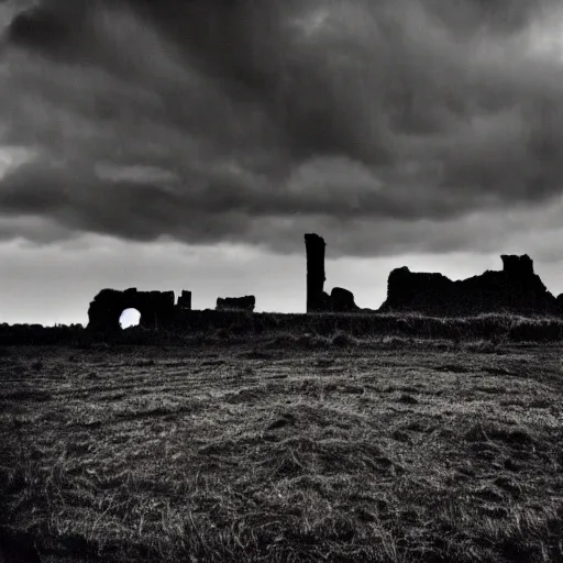 Prompt: a dark moody photo taken with a Holga of a ruined castle on an empty moor, greyscale, stormy