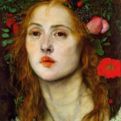 Image similar to Ophelia by John Everett Millais, painted by Arcimboldo, masterpiece