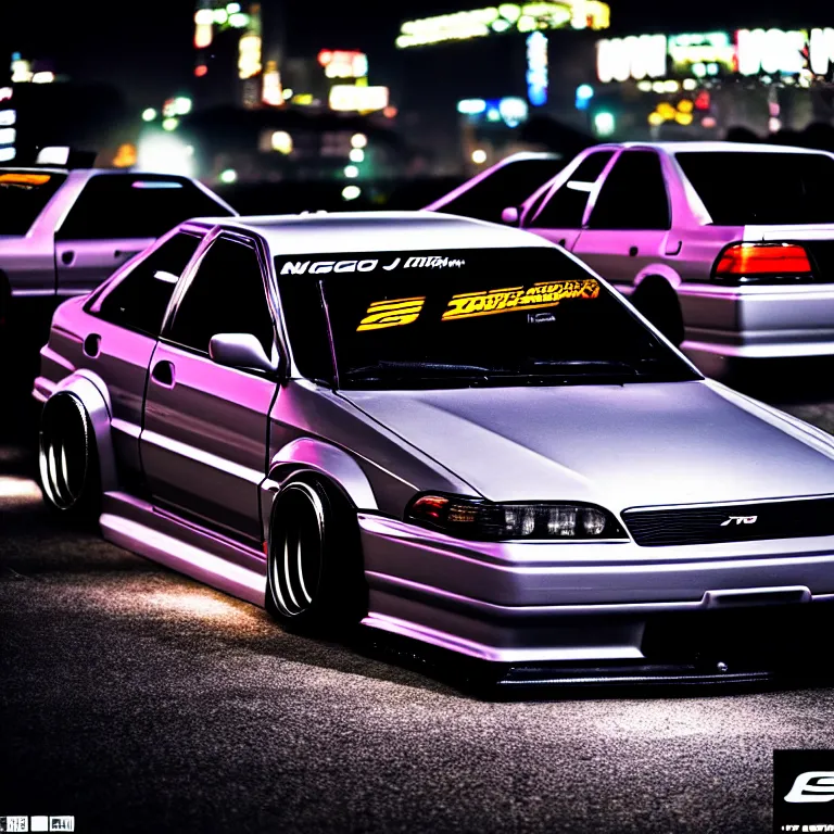 Image similar to a car JZX90 twin turbo drift at illegal car meet, Shibuya prefecture, city midnight mist lights, cinematic lighting, photorealistic, highly detailed wheels, high detail