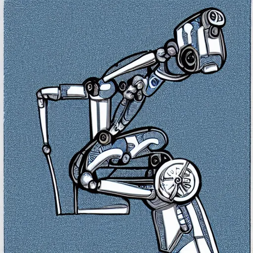 Prompt: a robot arm sketching a robot arm, blue background