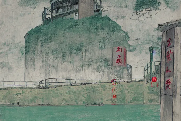 Prompt: a chinese prison near a river by peter doig, overlaid with chinese adverts