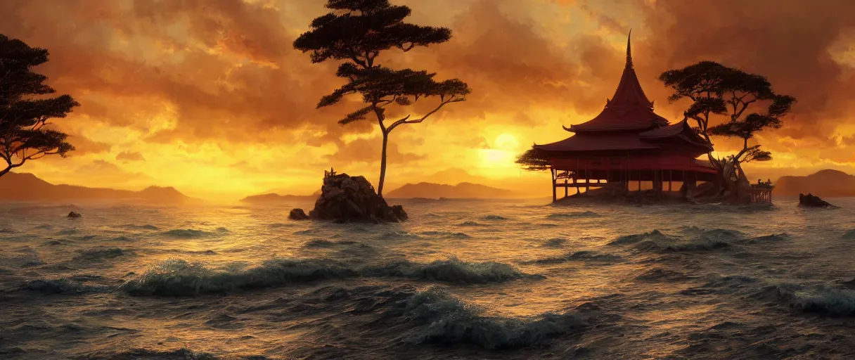 Image similar to digital painting of a detailed sunset over the ocean, ultra detailed Buddhist temple on the beach behind a forest, large mountains in back, concept art, low angle, high detail, warm lighting, volumetric, godrays, vivid, beautiful, trending on artstation, by Jordan Grimmer, no focus, huge scene, ultra detailed ripples, F11 aperture, levitating Buddhist monk dressed in yellow garment silhouette, in the style of ALBERT BIERSTADT